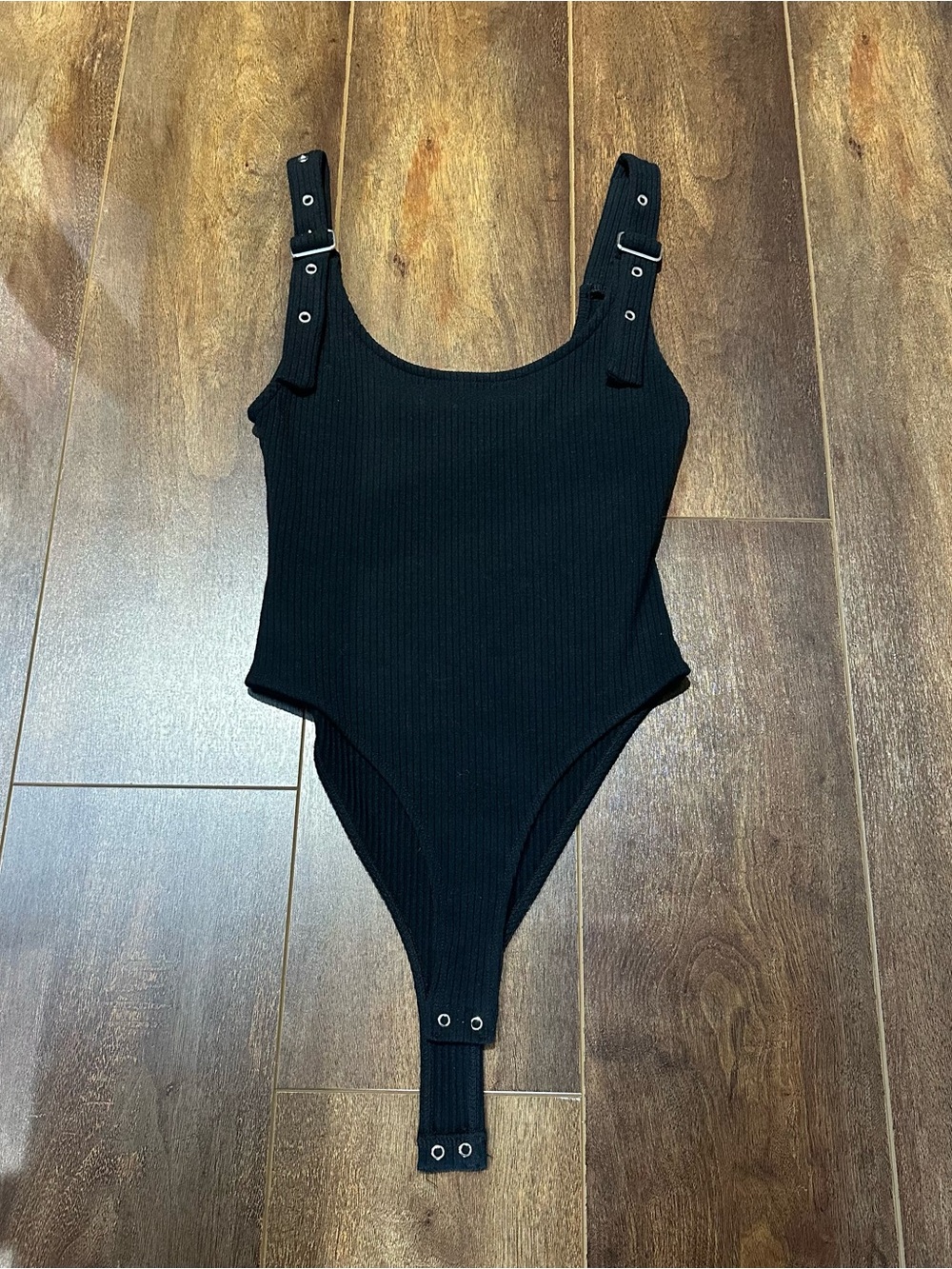 Forever 21 Black Ribbed Buckle Strap Bodysuit